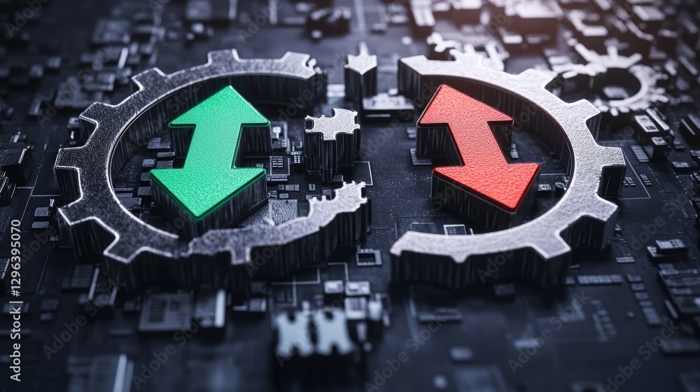 Aufkleber two interlocking gears with green arrows indicating movement and direction in a mechanical concept i