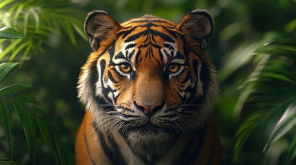 Fototapeta premium Majestic tiger in lush jungle.