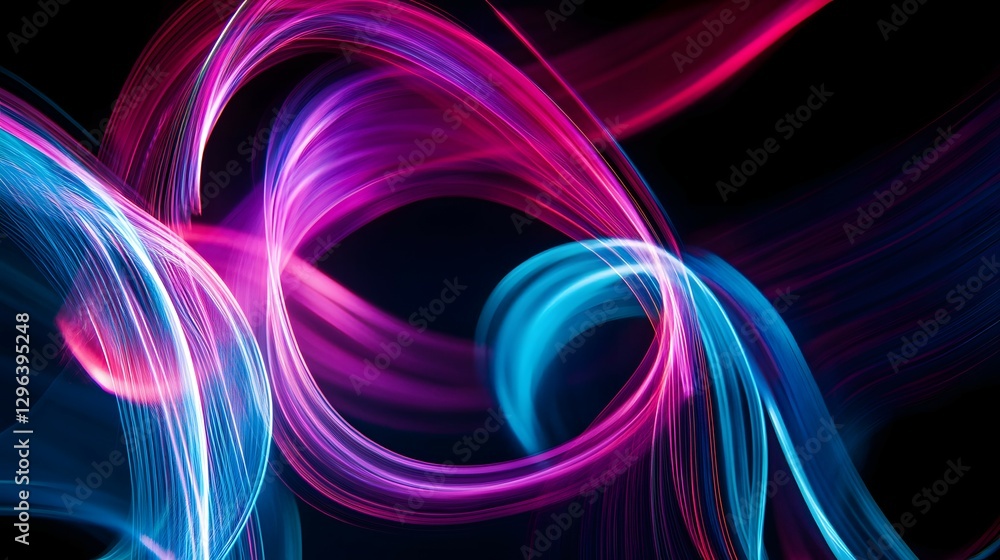 Poster abstract light painting background with neon pink and blue lines on a black canvas, creating dynamic