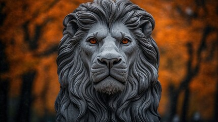 Obraz premium Majestic stone lion statue, autumn backdrop.