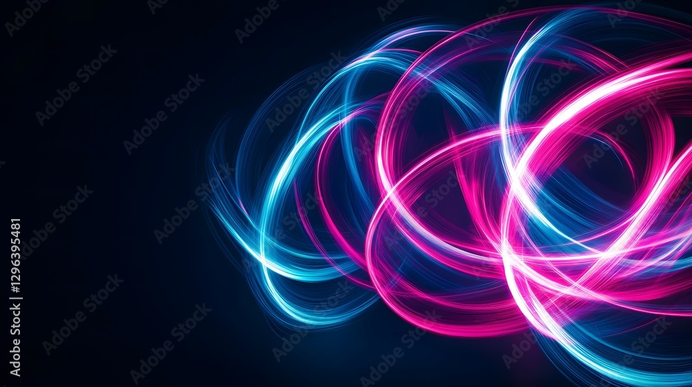 Poster abstract light painting background with neon pink and blue lines on a black canvas, creating dynamic
