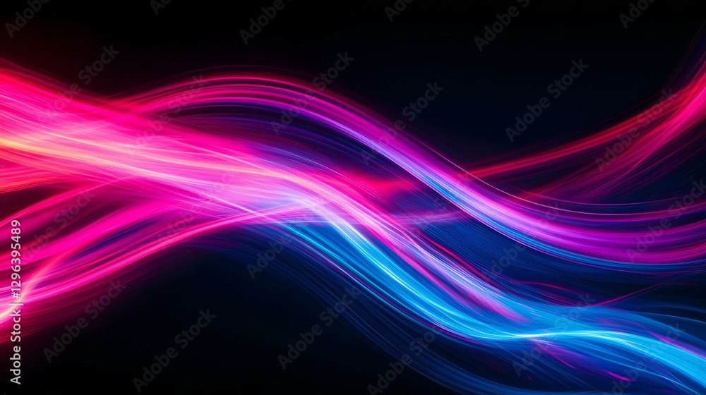 Poster abstract light painting background with neon pink and blue lines on a black canvas, creating dynamic