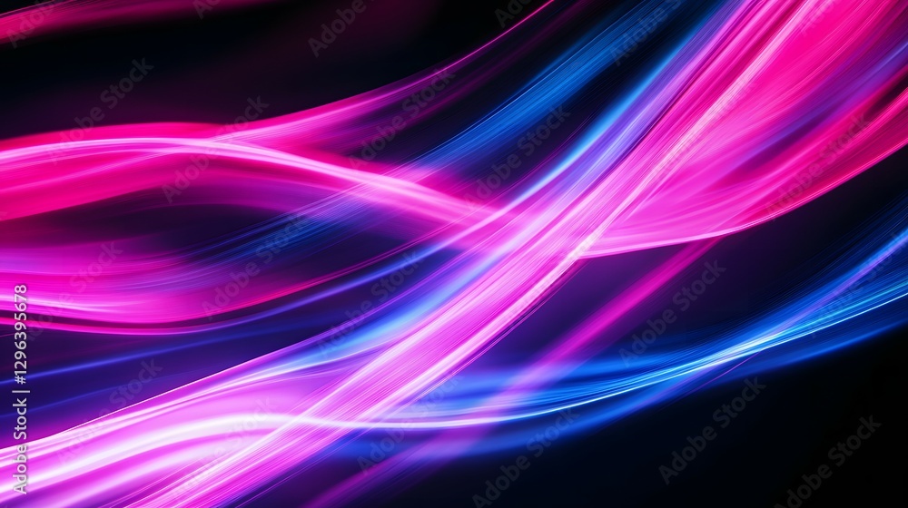 Poster abstract light painting background with neon pink and blue lines on a black canvas, creating dynamic