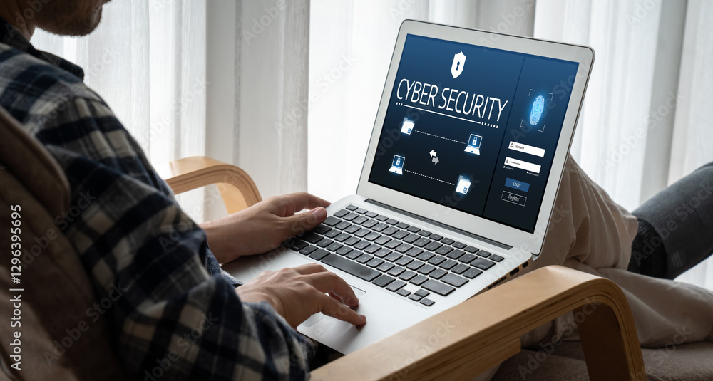 Poster cyber security system on computer screen protect private information snugly from hacker and cyber at