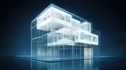 Obraz premium Modern Glass House Architectural Design, Night Rendering