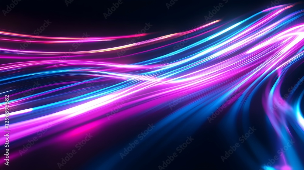 Poster abstract light painting background with neon pink and blue lines on a black canvas, creating dynamic