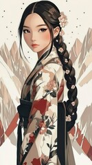 Fototapeta premium Elegant Anime Woman in Traditional Kimono with Mountain Landscape