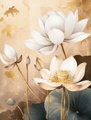 Spring floral in watercolor vector background. Luxury wallpaper design with lotus flowers, line art, golden texture. Elegant gold blossom flowers illustration suitable for fabric, prints, cover.