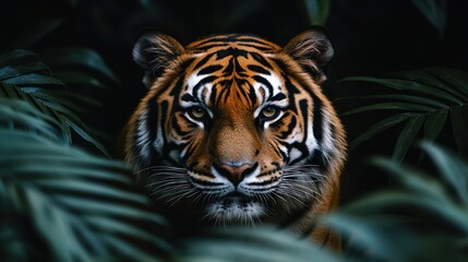Obraz premium Majestic tiger peering through lush foliage.
