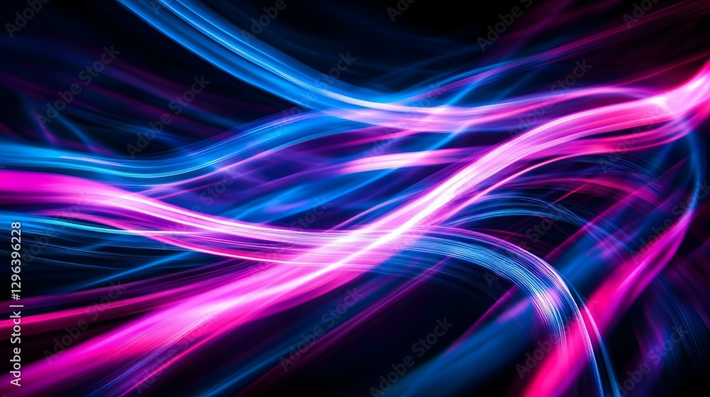 Poster abstract light painting background with neon pink and blue lines on a black canvas, creating dynamic