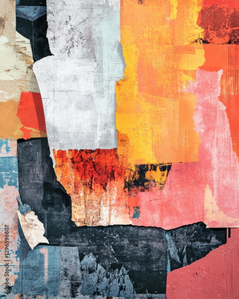 Poster colorful abstract wall art with layers and textures in urban setting created by street artists in th
