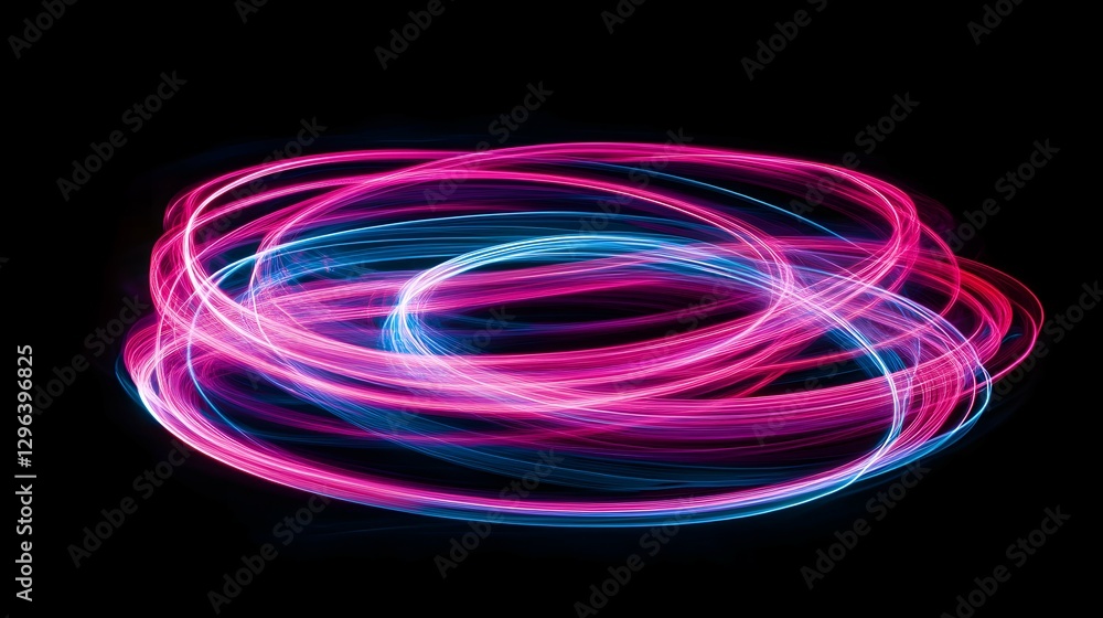 Poster abstract light painting background with neon pink and blue lines on a black canvas, creating dynamic