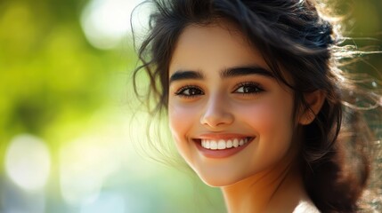 Fototapeta premium A youthful visage, adorned with a radiant smile, exuding an undeniable aura of beauty and charm.