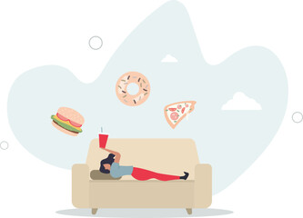 woman lying on the sofa and eating fast food, obesity and lifestyle concept.flat character life .
