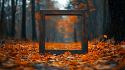 A wooden picture frame sits amidst autumn leaves on the ground