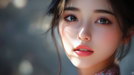 A radiant Asian beauty is face, a canvas of flawless skin, captured in a portrait, where the perfect glow of her healthy complexion illuminated her features. Her captivating gaze held a hint of