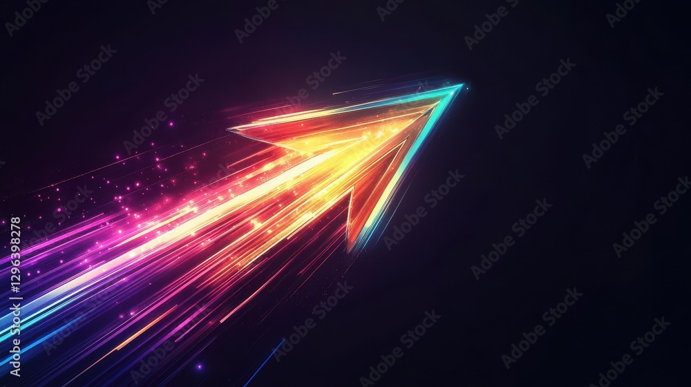 Poster bright upward pointing arrow shape formed by dynamic and luminous colorful beams of light against a 