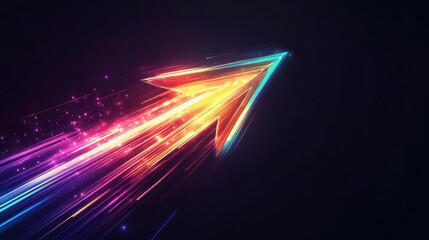 Bright upward pointing arrow shape formed by dynamic and luminous colorful beams of light against a dark black background suggesting rapid movement and energy