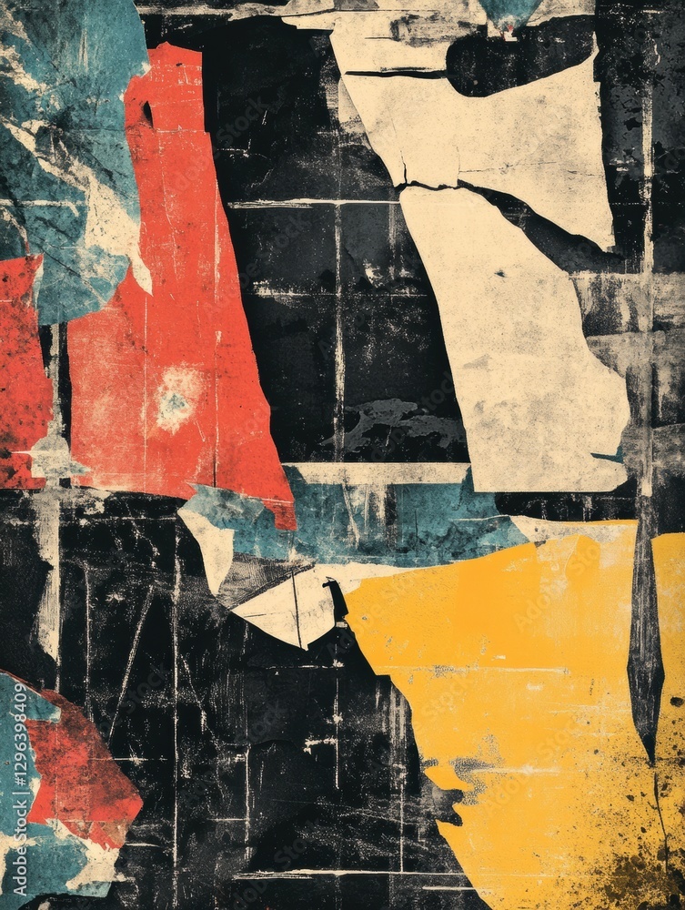 Poster colorful abstract composition showcasing varied textures and bold shapes on a dark background. gener
