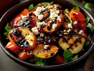 Colorful and delicious Greek salad with grilled vegetables topped with blue cheese crumbles, served in a dark bowl on a table. The dish is well presented and inviting.