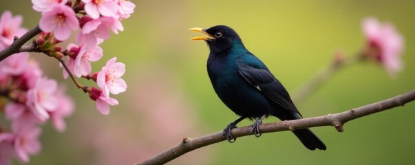 Fototapeta premium Black starling, open beak, spring blossoms, branch, spring, leaf