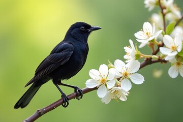 Obraz premium Blackbird perched on delicate white blossoms, spring sunlight , blackbird, avian