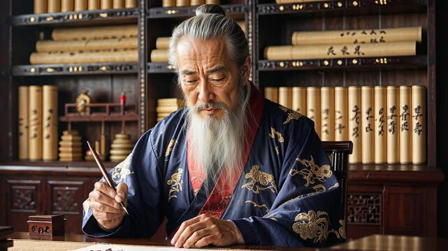An Elderly Scholar Engaged in the Art of Writing in Traditional Japanese Style