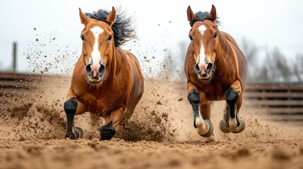 Fototapeta premium This dynamic image showcases two energetic horses racing through sandy terrain, emphasizing their speed, grace, and the powerful bond between rider and steed in an enthralling scene.