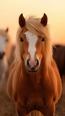 Obraz premium In this captivating image, a charming pony with a luxurious mane gazes directly at the viewer in soft evening light, exuding warmth, friendliness, and a gentle spirit inviting closeness.