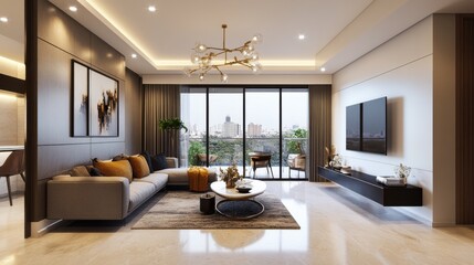 Fototapeta premium Discover a chic 1 BHK flat, showcasing modern interiors and stylish decor, perfectly blending comfort and contemporary
