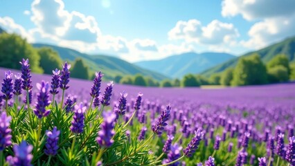 Serene Lavender Field Basking in Sunlight, a Picturesque Landscape of Purple Blossoms Under a Blue Sky with Rolling Hills in the Distance