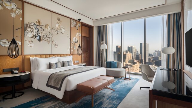 High-end hotel room with luxurious bedding, modern furnishings, and a city view.