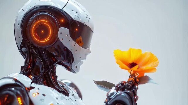 A sleek cyborg gently holds an orange flower, symbolizing the fusion of technology and emotions. The bright, glossy surfaces reflect a world where love and humanity coexist with robotic beings.