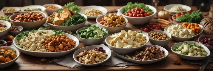 Vegan Thanksgiving dinner spread with plant-based dishes, salads, grains, vegetables, tofu, meatless, non-traditional, cruelty-free
