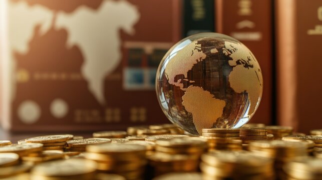 Globe placed on a stack of coins representing global finance and international currency exchange