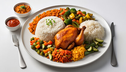 Fototapeta premium Colorful Gourmet Dinner Plate with Chicken, Rice, and Vegetables