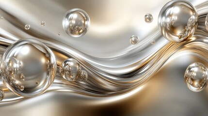 Metallic fluid waves with floating reflective orbs are depicted