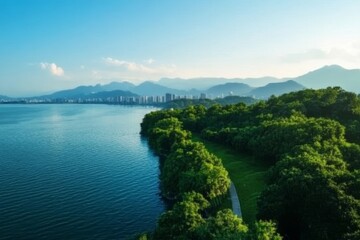 Fototapeta premium Serene Lakeside Cityscape - Tranquil lake view, lush green park, distant city skyline, mountains under a clear sky. Symbolizing peace, nature, urban contrast, serenity, and escape