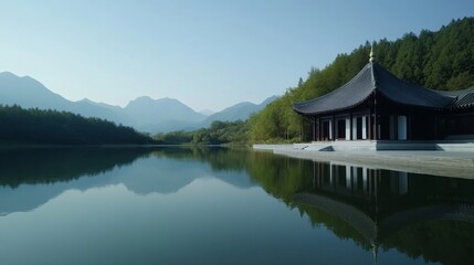 Fototapeta premium Serene Lakeside Pavilion Mountain View - Tranquil Asian- pavilion on a calm lake, reflecting mountains, symbolizing peace, serenity, nature, contemplation, and harmony