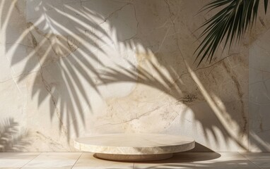 Marble beige podium with shadow from palm leaves on the wall. Background for presentation product showcase.