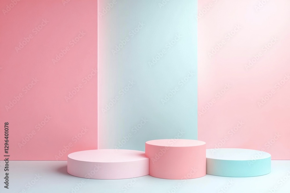 Poster elegant display setup featuring pastel colored podiums and textured background in a modern studio en