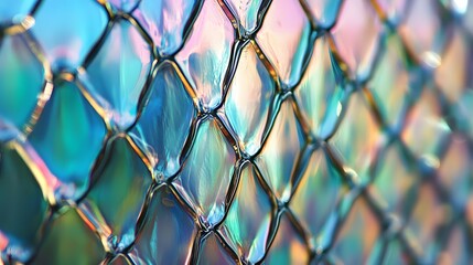 Fototapeta premium Abstract of the reflection on plastic wrap, with vibrant holographic colors and intricate patterns
