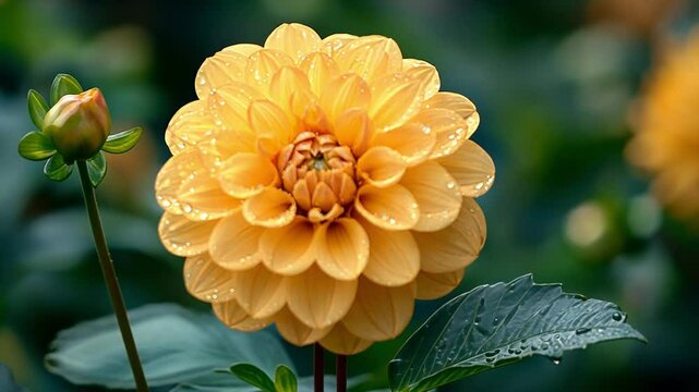 Golden Dahlia's Gentle Embrace: A close-up of a vibrant, golden dahlia flower blooms in a garden, displaying intricate petal arrangement and capturing the freshness of nature's beauty