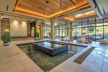 Fototapeta premium A high-end spa with tranquil lighting, plush robes, massage tables, and a serene water feature. 
