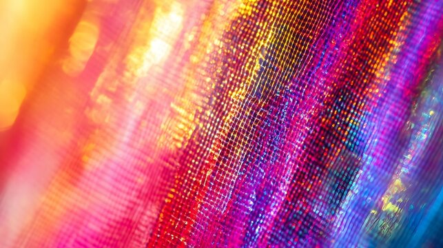 Abstract of the reflection on plastic wrap, with vibrant holographic colors and intricate patterns