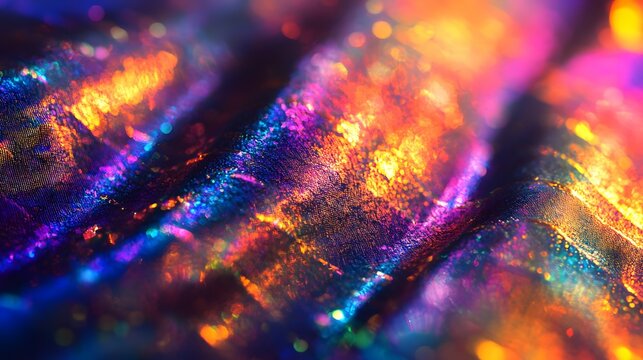 Abstract of the reflection on plastic wrap, with vibrant holographic colors and intricate patterns
