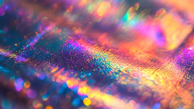 Abstract of the reflection on plastic wrap, with vibrant holographic colors and intricate patterns