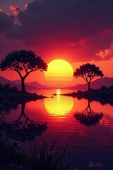 Obraz premium Fiery sunset over still lake, acacia trees silhouette on shore , twilight, vista, nature