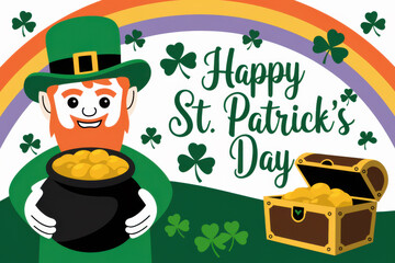 Happy St. Patrick's Day Leprechaun Gold Pot Rainbow Background