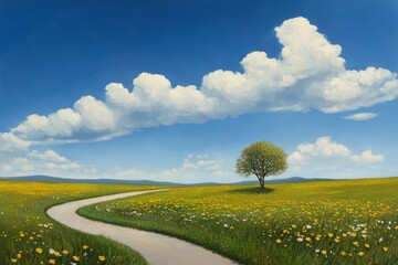 Serene Meadow Path Landscape - A winding path leads through a vibrant meadow dotted with wildflowers, under a bright blue sky adorned with fluffy clouds. Symbolizing peace, tranquility, journey